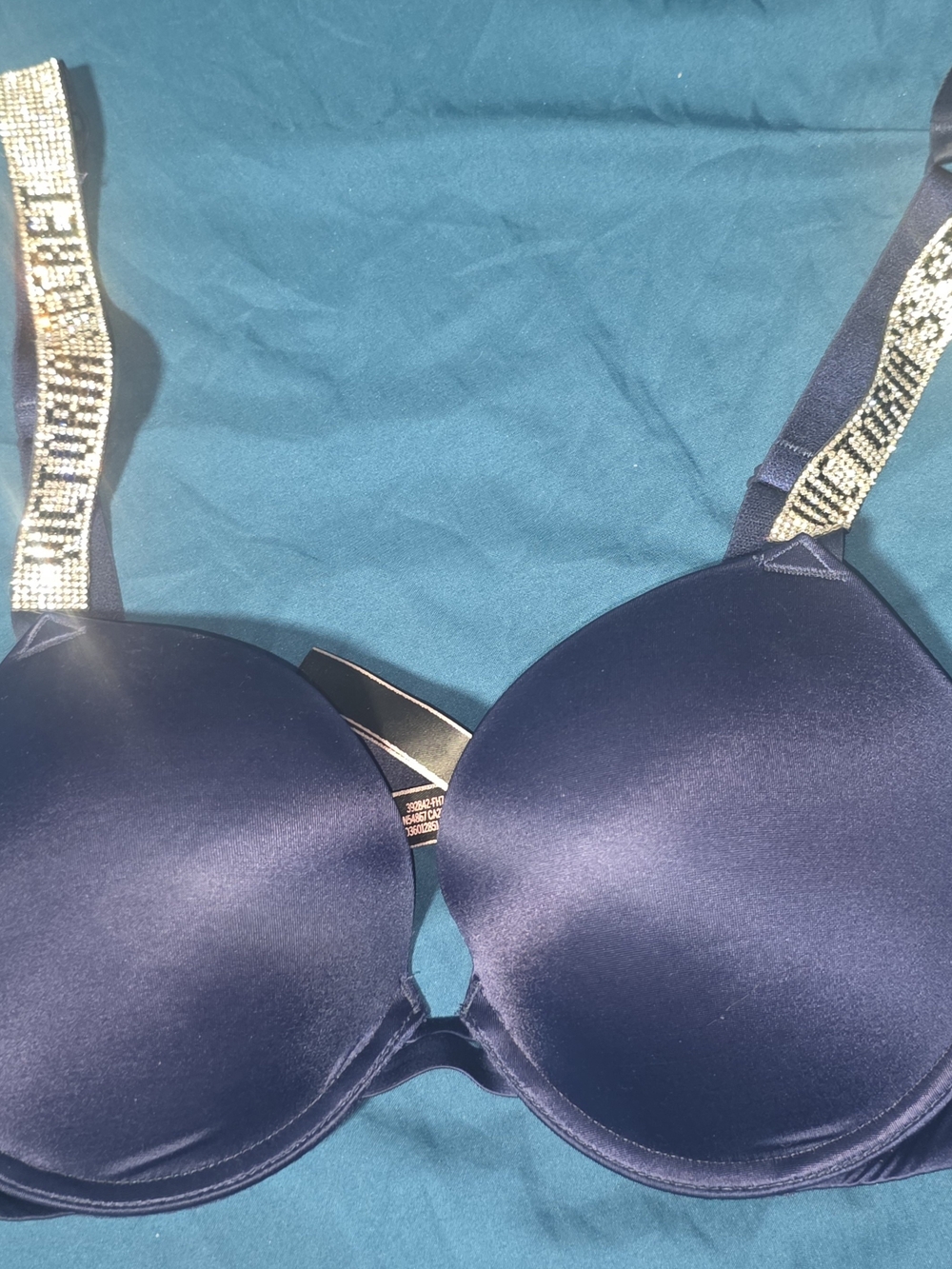 Victoria's Secret Navy Satin Push-Up Bra with Rhinestone Logo Straps